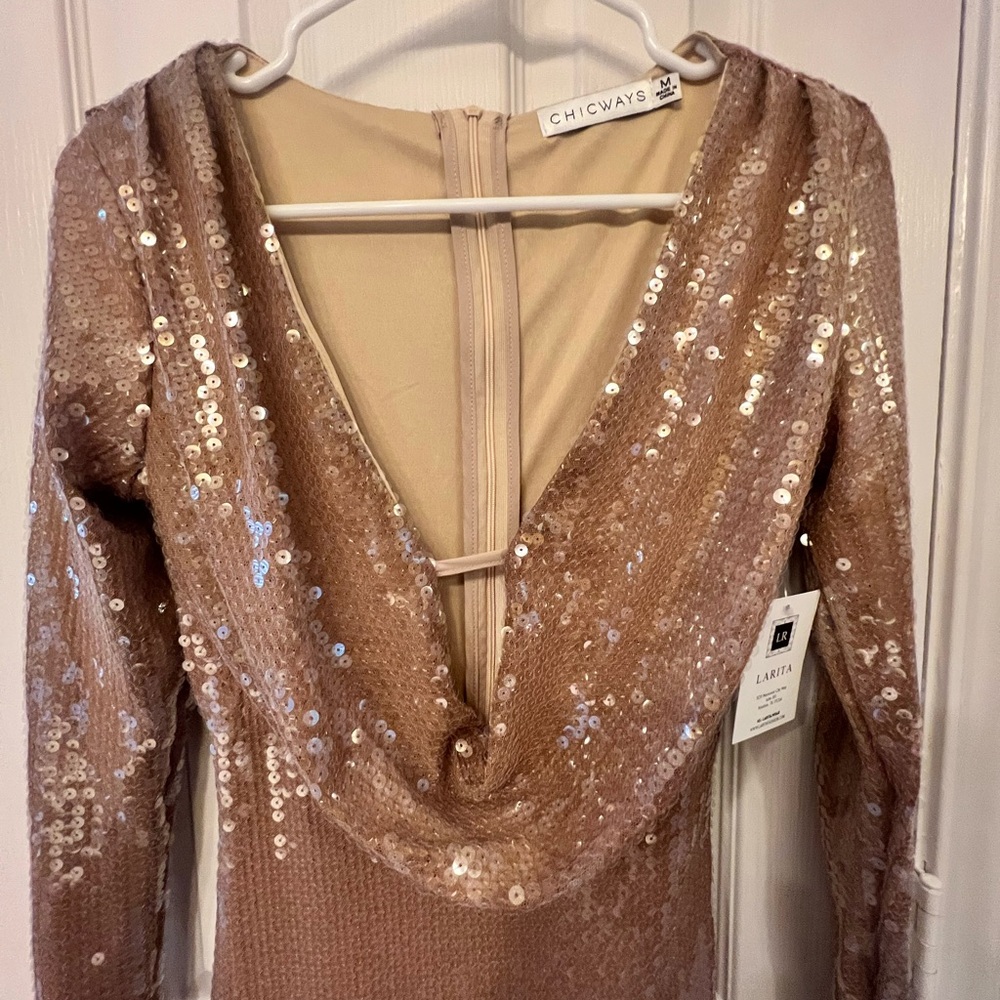NWT Chicways Beige Sequin Long Sleeve Mini Dress, size medium - Picture 3 of 6